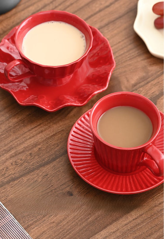 Ripple Glow – Vintage Red Ceramic Coffee Cup & Saucer Set