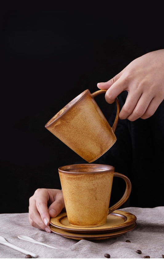 Amber Flow – Handcrafted Rustic Ceramic Coffee Cup & Saucer