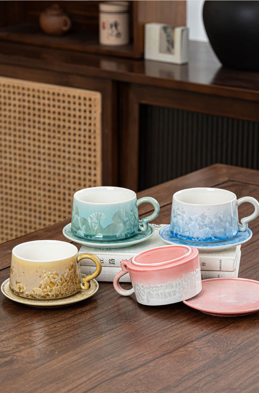 Crystal Bloom – Handcrafted Porcelain Coffee Cup & Saucer with Frosted Glaze