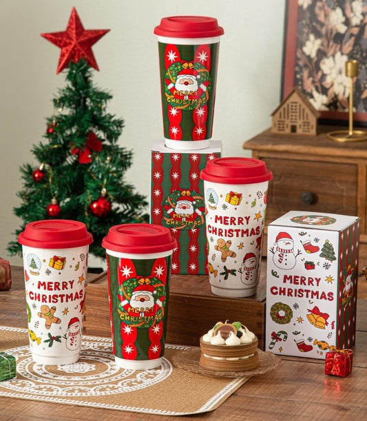 Holiday Grandeur – Large Christmas Ceramic Travel Mug with Lid Gift Set