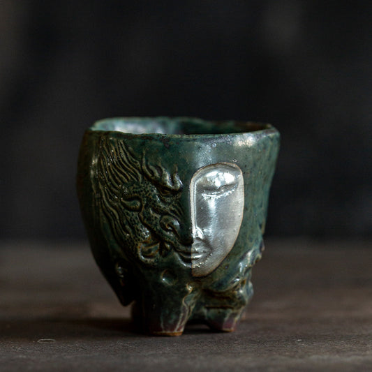 Zen Face – Handcrafted Ceramic Tea Cup with Silver Relief Gift Set