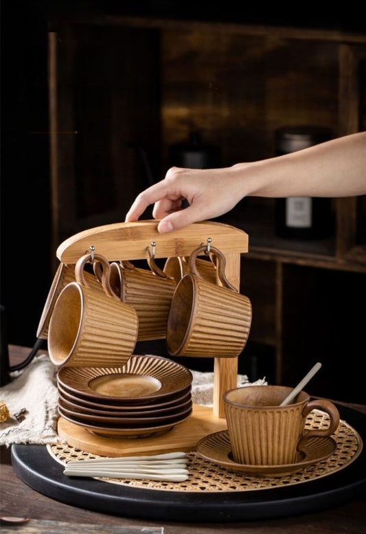 Rustic Stripe – Handcrafted Porcelain Coffee Cup & Saucer Set